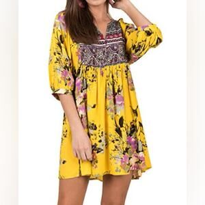 Umgee Yellow Floral Boho Mini Dress Hummingbird Beachy Vacation Babydoll